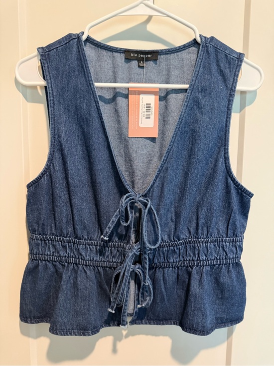 Blu Pepper Tops - Blu Pepper Blue Denim Tie-Front Peplum Vest